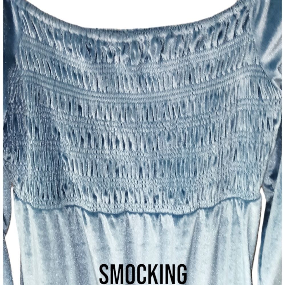 LC LAUREN CONRAD Smocked Flounce Hem LongSleeve Blue Velvet Midi dress Size M - Picture 6 of 17